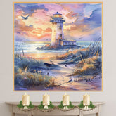 Charming Lighthouse by Ocean Shore at Sunset with Beach Path Seabirds and Colorful Sky in Serene Watercolor Scene on Ready to Hang 1.5" Thick Canvas Wrap, Floating Framed Canvas, Flat Rolled Canvas